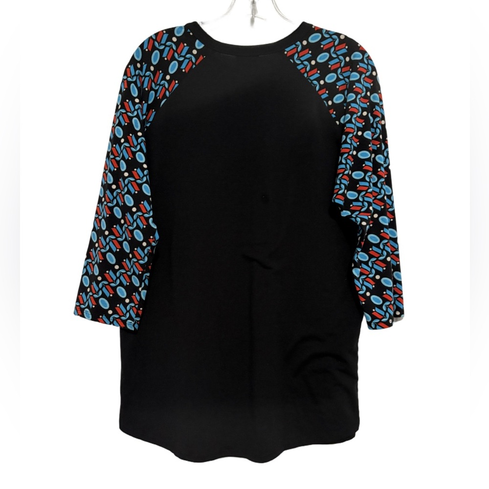 LuLaRoe Randy Tee Black with Blue Patterned Sleeves - Picture 2 of 4
